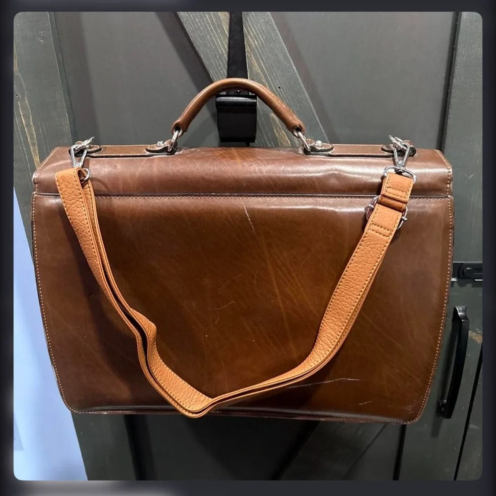 Men's Brown Leather Briefcase with Top Handle and Lock
